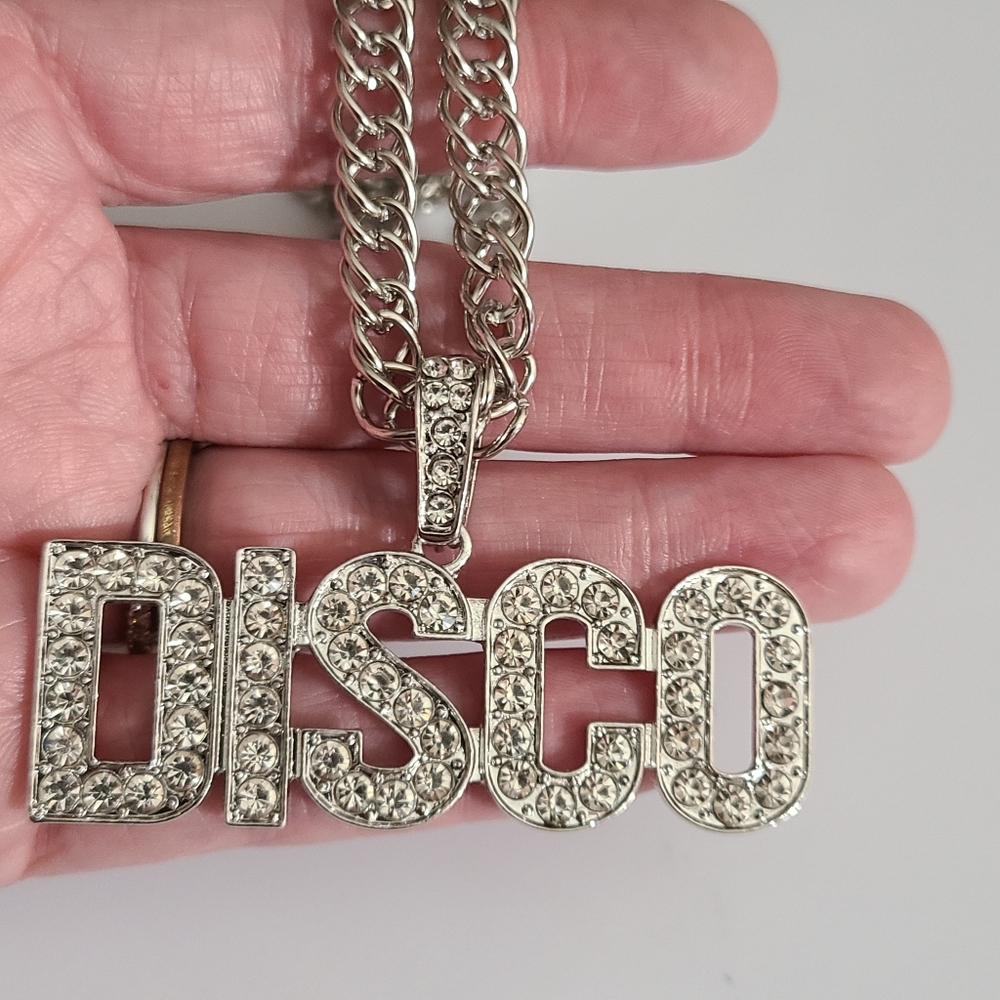 DISCO rhinestones Necklace Sparkly Long Silver Chain Halloween Party Costume